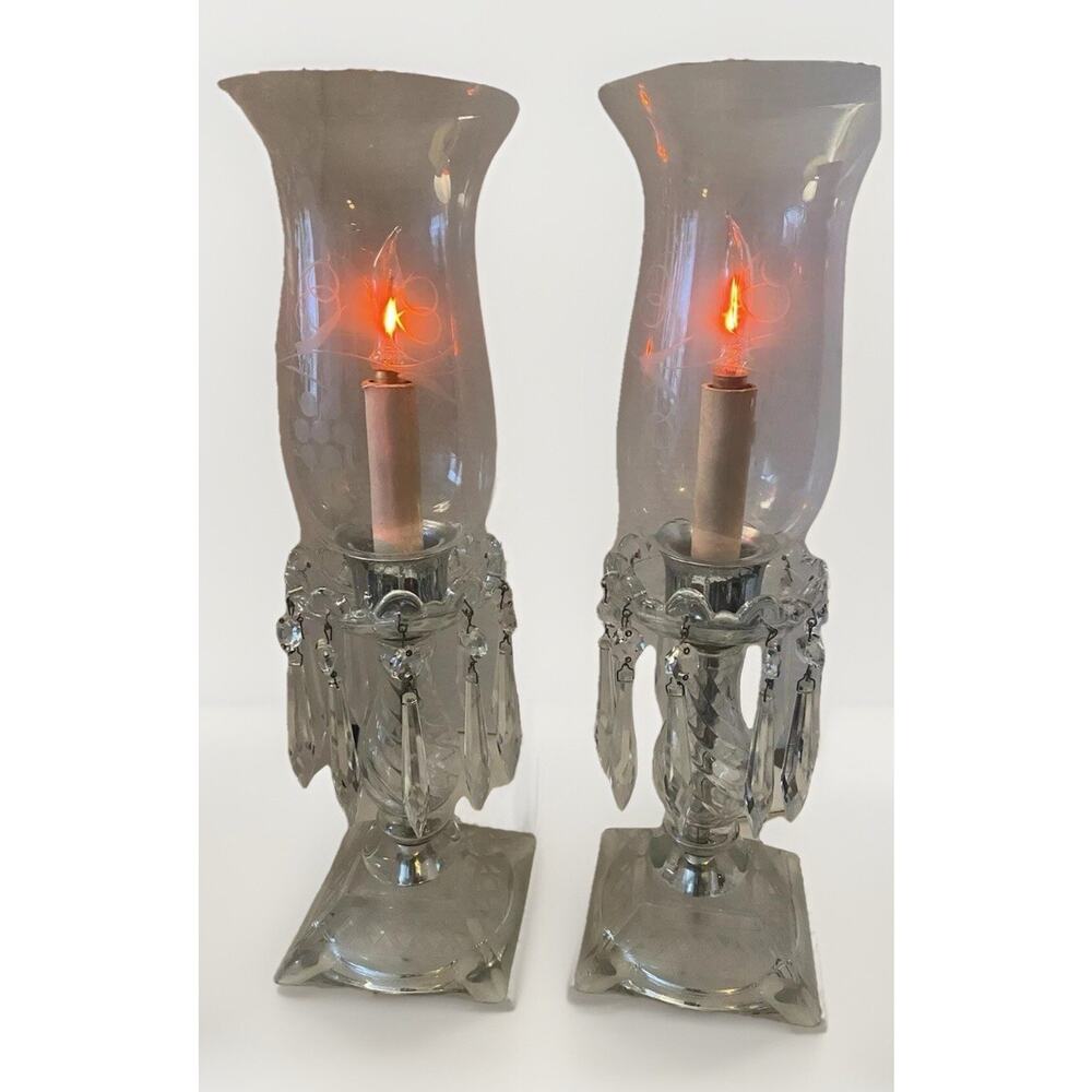 VTG Crystal Boudoir Hurricane Lamps Grapevine Etched Globes Hollywood Regency
